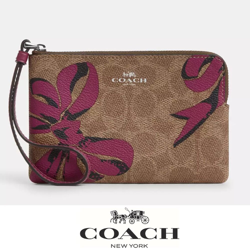🎁 Coach Corner Zip Wristlet In Signature Canvas With Bow Print